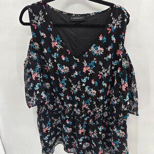Lane Bryant Black Floral Cold Shoulder Sheer Lined Ruched Blouse Size 26